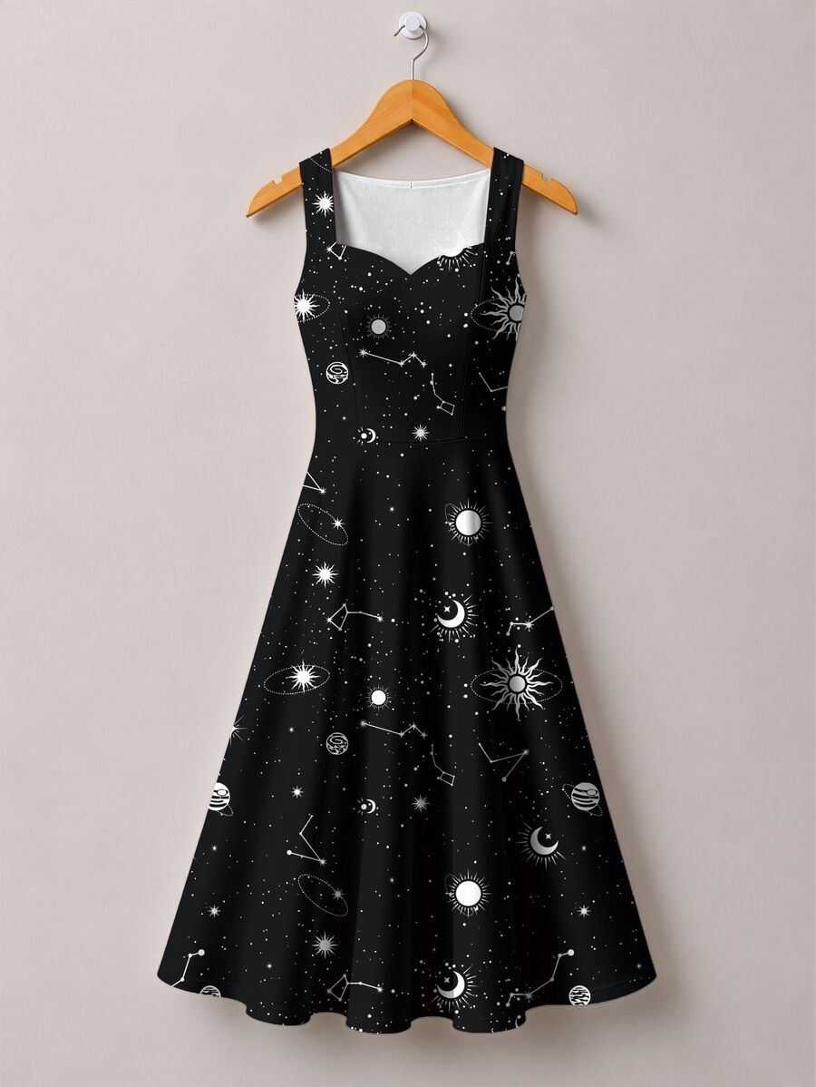 Celestial print dress, flat artwork on hanger