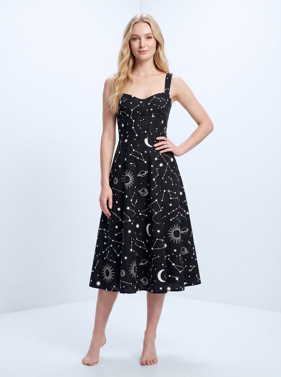 Celestial print dress, on-model product photo