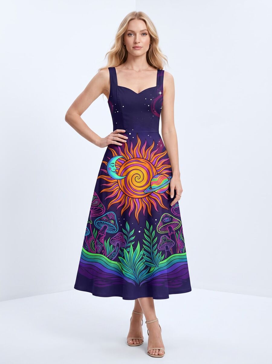 Sun and moon print dress on model